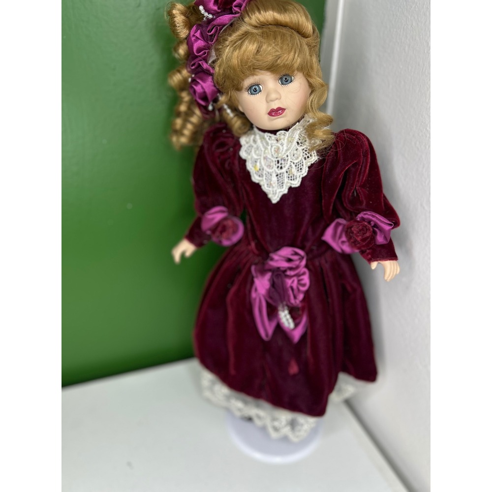 Vintage Porcelain Doll Burgundy Velvet Lace Dress Blonde Ringlet Curls 16 inch